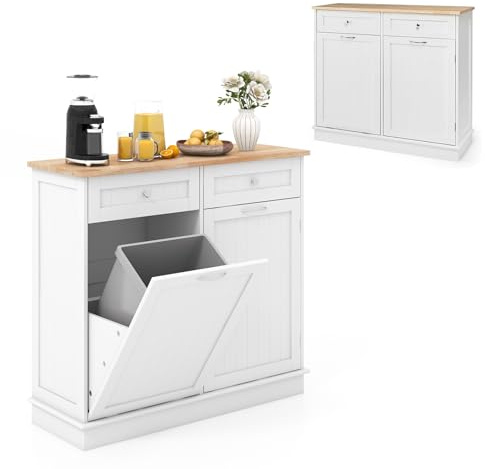 KOMFOTTEU Credenza Cucina con Supporto per Bidoni della Spazzatura 42 L, Mobile Dimpensa Portaoggetti con 2 Cassetti e Ripiano Regolabile, per Sala da Pranzo, Soggiorno, 100 x 35 x 90,5 cm (Bianco)