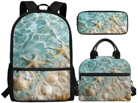 Oamsistay Starfish Shell - Set di 3 zaini per la scuola con portapranzo, astuccio per matite, zaino per la scuola per ragazze, zaino leggero e casual, regalo per ragazze e ragazzi