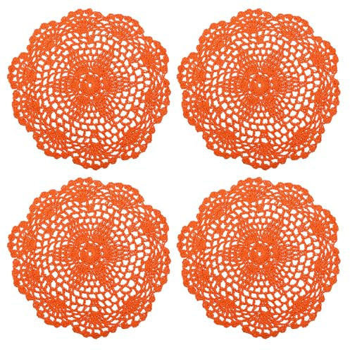 QUARKZMAN Ganchillo Tapetes 4uds 8 - Mano Hecho Crochet Algodón Posavasos Redondo Encaje Individuales Manteles con Florales Estampados para Boda Fiesta Decoración (Naranja)