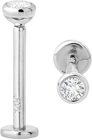 Jewelry Avalanche 16G 14K White Gold Bezel Set 2.5mm (0.08ct) Diamond Labret Monroe Stud 10mm Post Flat Disk Bottom Lip Ring Tragus Stud Internally Threaded 14KLBRT-BZ25WD10WG