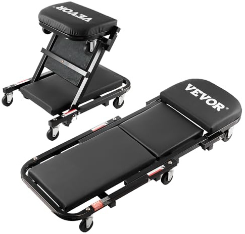 VEVOR Taburete Plegable para Garaje en Forma de Z, Capacidad 204,1 kg, para Mecánico con 6 Ruedas Universales, Asiento Acolchado, Estructura de Acero, para Garaje, Taller o Casa, 1020 x 415 x 150 mm