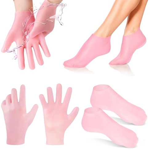 dinghaole Lot de 2 Paires de Gants et Chaussettes Spa en Silicone Hydratants, Chaussettes Silicone Femme Réutilisable Chaussette Hydratante pour le Soin de la Peau des et Pieds