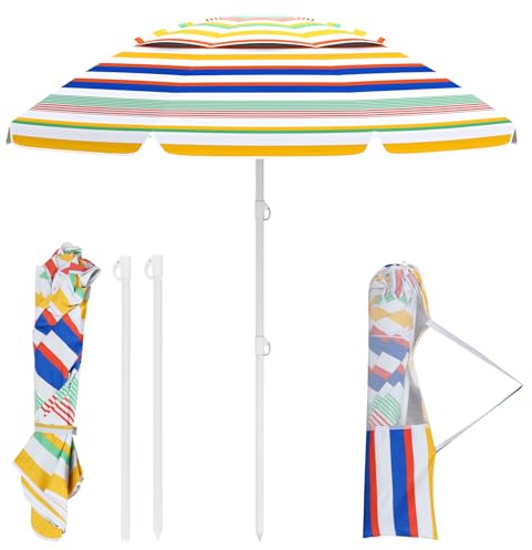 COSTWAY Sombrilla Playa 200 cm, Parasol Portátil para Exterior con Inclinación con Botón, Bolsa de Transporte, Ancla de Arena, Sombrilla de Patio para Jardín Piscina Terraza Playa