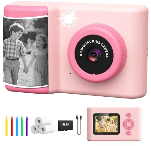 Appareil Photo Instantané Enfant, 1080P Appareil Photo Numérique Enfant, Caméra Vidéo avec Écran 2,4 Pouces, LED Flash, Carte TF 32 Go, Papier d'impression, Cadeau pour Filles Garçons 3-12 Ans, Rose