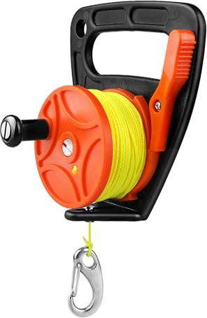 150FT Scuba Dive Reel with Thumb Stopper and 2 Clip, High Visibility Finger Spool with Handle for Cave Diving, Kayak Anchor, SMB Buoy, Spearfishing & Snorkeling