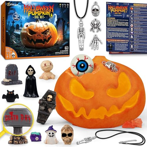 PIBEX Spooky Pumpkin Dig Kit – Excavation Science Kit with 14 Hidden Treasures (4 Metal Charms + 10 Creepy Minis) DIY Necklace Craft & Archaeology Adventure Toy for Kids Ages 6+
