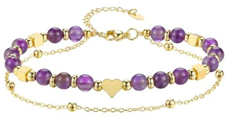 XFSRG Bracelet Pierre Naturelle Femme Bracelets en Pierre Naturelle de 6MM 2 Couches Ajustable Bracelet de Perles en Acier Inoxydable Bijoux Accessoire Mode Raffiné pour Femmes (Violet)