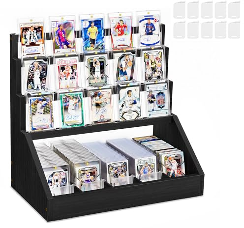 Emfogoo 3-Tier Trading Card Display Stand, Wooden Card Storage Case with 5 Rows & Card Stoppers, Large Capacity Sports/Football Card Holder, Graded Card Storage for Game Collections (Black)