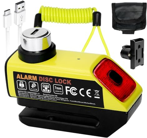 KZARYVEXIS Antivol Moto avec Alarme 110dB, Rechargeable USB et Feu Arrière - Bloc Disque Haute Sécurité, Câble Escamotable 1.2m et Sac de Transport Inclus - Universel 7mm pour Moto, Scooter, Vélo