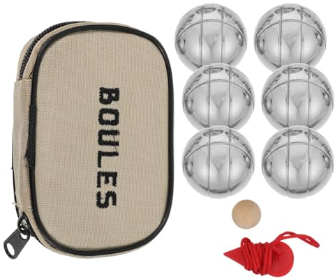 POPETPOP 6pcs Chrome Titanium Plated Iron Petanque Balls Set with Wooden Jack and Measuring Tool for Outdoor Lawn Bocce and Family Croquet Games
