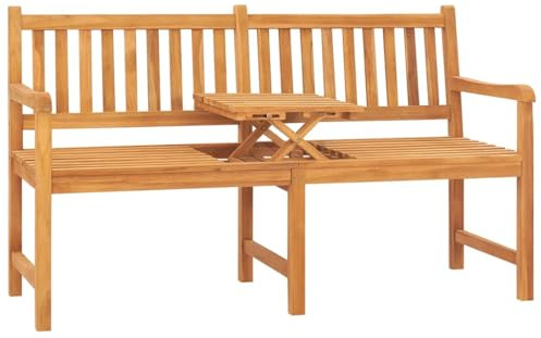 RCODSSK Panca da giardino in teak a 3 posti con tavolo da 150 cm, in legno massello con braccioli e tavolo da tè, con tavolo pieghevole per terrazza