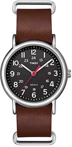 Timex Unisex Weekender 38mm Watch – Silver-Tone Case Black Dial with Brown Leather Slip-Thru Strap