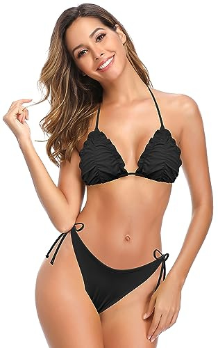 SHEKINI Traje de Baño de Dos Piezas Mujer Acolchada Clásico Ajustable Halter Triángulo Bikini Top Bikini Tanga Brasileño Cintura Baja Bikini Bottom Bikini de La Playa