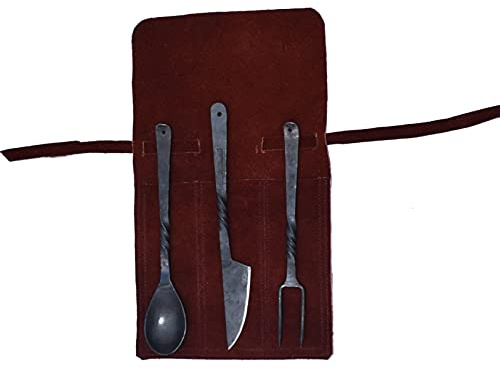 Viking Traders Hand-Forged Blacksmith Medieval Dining Hall Eating/Feasting Utensils set of 3 Piece Functional Fork Knife and Spoon Medieval Eating Set, with genuine leather pouch for easy carrying.