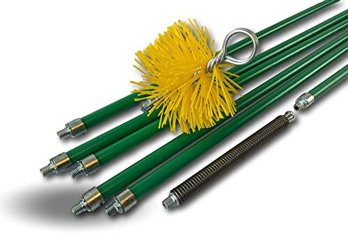 Kit de ramonage pro conduits gainés | Hérisson synthétique | Ø 125 mm | 8 m en 6 cannes vertes autobloquantes Ø 18mm creuses | Ressort de départ | 5 * 1,4 m + 1 * 1 m | Cheminées | Kibros 5KIT125N