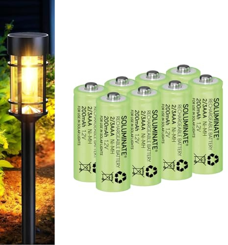SOLUMINATE™ Rechargeable 2/3AAA Solar Light Batteries 1.2V NiMH (8-Pack) | Designed for use in outdoor garden solar lights. Tiny size 2/3-AAA 30mm x 10.5mm. Shorter than AAA. Latest NiMH. A UK brand.