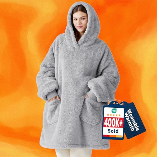 Bedsure Wearable Blanket Hoodie Women - Fluffy Fleece Hoodie Blanket for Men, Warm & Cozy Gifts for Women Men Her Mum, Gray, XL