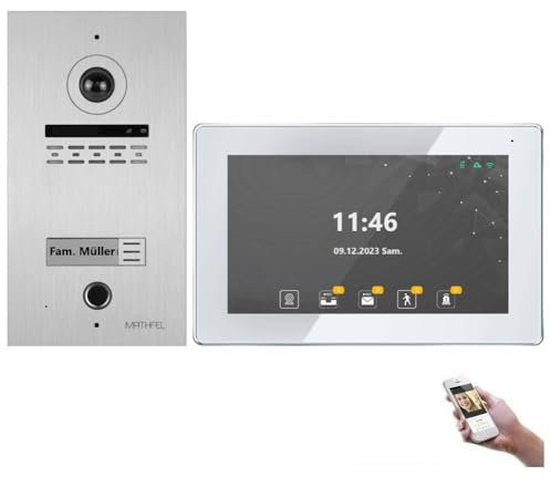 MATHFEL 2 Draht Bus WLAN Video Türsprechanlage mit Fingerprint, Gegensprechanlage Fischaugenkamera 170 Grad Aluminium Außenstation, 1x7'' Monitor weiß mit WLAN Schnittstelle