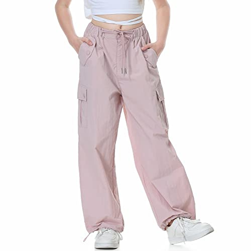 Rolanko Pantalón Cargo Paracaídas Holgado para Niña, Y2K Vintage Joggers con Cintura Elástica Ajustable para Niños Fit, Rosa, Talla:150