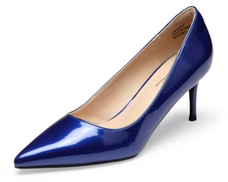 GENSHUO Dam stilettpumps med låg klack 6 cm (2,36 tum) spetsiga höga klackar eleganta stängda låga klackar för arbete bal bröllop högklackade skor, Kungsblått lackläder, 41 EU