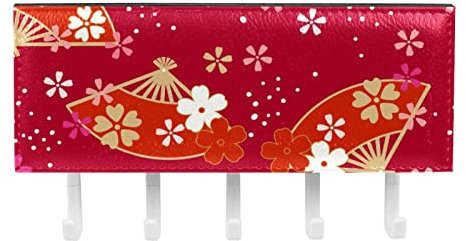 TBOUOBT Gancio per chiavi Ganci da parete, Porta chiavi per guinzaglio, Porta posta per ingresso, 5 ganci,Ventaglio di fiori in stile giapponese rosso