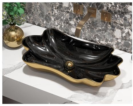 MEJE 62 x 33 x 12 cm, einzigartiges Badezimmer-Waschbecken in Lotusblatt-Blumenform, Aufsatzgefäß aus Porzellan-Keramik, Kunstwaschbecken, Schwarzes Gold (einschließlich Pop-Up-Ablauf)