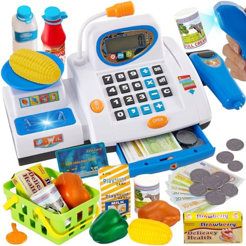 HERSITY Große Kinderkasse, Spielzeug Kasse mit Scanner und Sound, Spiel Supermarkt Kinder Kaufladen Zubehör Rollenspiel Geschenk Jungen Mädchen 3 4 5 Jahren