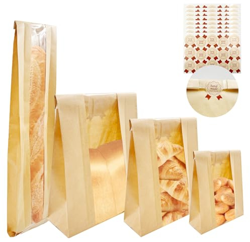 SNAIL GARDEN Sourdough Bread Bags - 100pcs with Four Sizes, Windowed, Kraft Paper with 120pcs Label Seal Stickers for Bakery Cookies, Treats