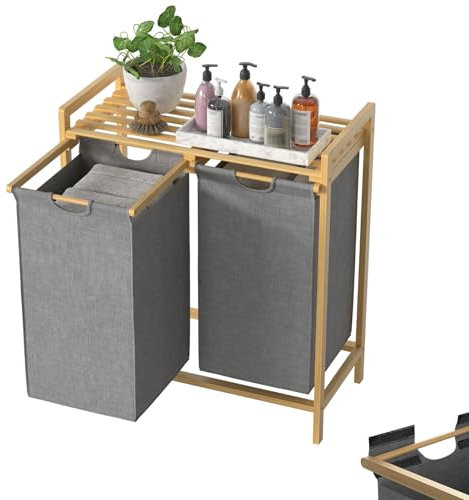 XINZI Wäschekorb 2 Fächer Schmal, Wäschesammler Bambus 72L Wäscheorganisator aus Oxford-Stoff, Laundry Baskets 2 Compartments Wäsche Sortiersystem, Wäschesortierer Holz Wäschebox, Grau