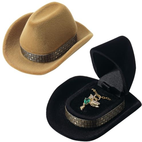 SUNNYCLUE 4 Caja de Terciopelo para Anillos de Compromiso con Forma de Sombrero de Vaquero Cajas de Joyería A Granel de Color Marrón Y Negro con Forma de Gorra Soporte Decorativo para Anillos Y Pen