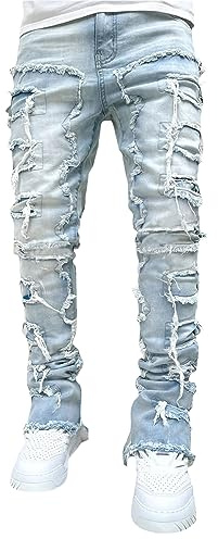 SANSIWU Stretch Fit Skinny Stacked Ripped Destroyed Y2K Patch Jeans for Men (A-Light Blue, S)