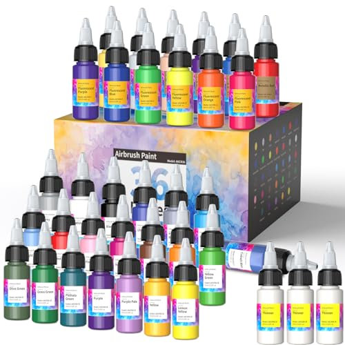 Oasser Airbrush Farben Set 33 Farben und 3 Verdünner 20 ml pro Flasche für Modellbau Stoff Schuhe DIY