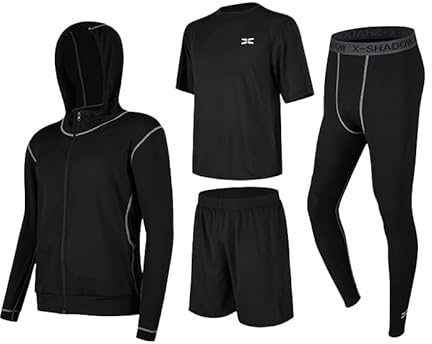GRECERELLE Sportlöparset för män i 4 delar, ultimat prestanda för löpning och fitness – kortärmad topp, shorts, kompressionsstrumpbyxor och huvtröja., 4 stycken 02 svart, XXL