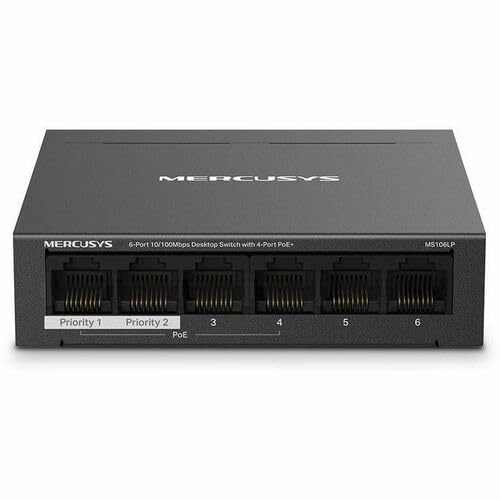 Mercusys MS106LP PoE Switch non gestito, 6 porte 10/100 Mbps con 4 porte PoE+, Plug & Play, budget PoE da 40 W, alloggiamento in metallo senza ventola, ripristino automatico PoE, modalità isolamento