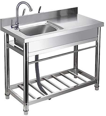 Lavello da cucina in acciaio inox – Set di lavanderia a vasca singola autoportante con banco da lavoro all'aperto e ripiano portaoggetti