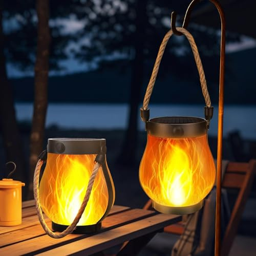Faroles solares, impermeables, colgantes al aire libre, llama parpadeante, adornos de jardín, cuenco portátil para fuego para patio y camping (2 piezas)