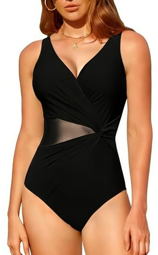 Shekini - Costume da bagno intero da donna, con controllo della pancia, scollo a V sexy, modello Cut Out Mesh, arricciature, monokini estivo, per la spiaggia, Swimsuit, Nero , M