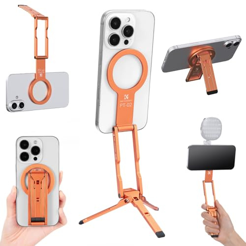 K&F CONCEPT 7mm Thin 59g Magnetic Phone Stand, Foldable Selfie Stick for iPhone, Dual-Sided Magnets Mini Tripod Pocket Cell Phone Stand with Hook, Compatible with iPhone 17-12 Series Android Phones