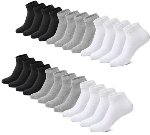 FALARY Sneaker Socken Herren 43-46 Damen Sneakersocken 12 Paar Kurze Halbsocken Baumwolle Schwarz und Weiß grau