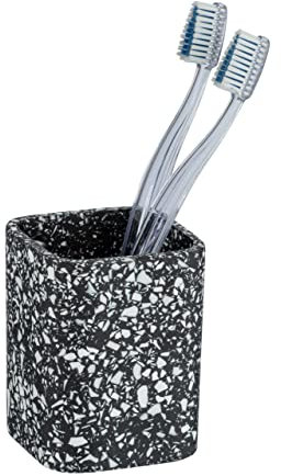 WENKO Zahnputzbecher Terrazzo in Mosaik-Optik, edler Zahnbürstenhalter für Zahnpflegeartikel, Make-Up Pinsel Aufbewahrung, außergewöhnliches Badaccessoire aus Polyresin, 8 x 10,5 x 8 cm, Schwarz/Weiß