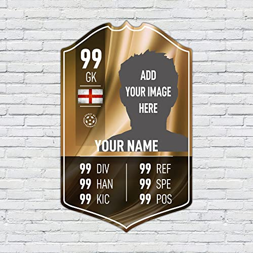ShopQuality4U Personalised Football Cup Goalkeeper Stats Card Sign - Gold Background Printed Metal Shield Sign Wall Art A3 Goalkeeper Add Name (40.5x25cm)