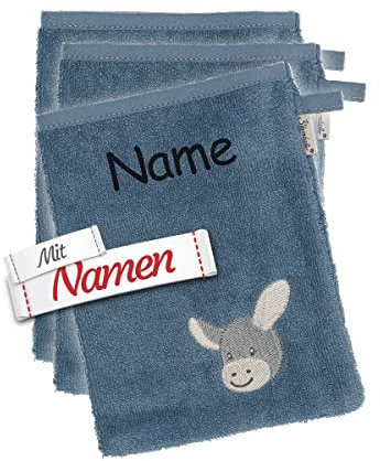 Sterntaler Kinder Waschhandschuh mit Namen bestickt, GOTS zertifiziert Baby Kleinkind Waschlappen personalisiert/Waschtuch zum baden, Geschenk zur Geburt Taufe Ostern Nikolaus (Esel Emmi (3 St.))