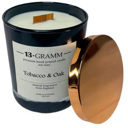 13 GRAMM Tobacco & Oak – Duftkerze im Glas aus Sojawachs mit Holzdocht, handgemacht in Deutschland, 60h