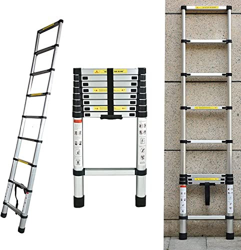 Scala telescopica in alluminio, 2,6 m, antiscivolo, allungabile, da appoggio, per interni ed esterni, 150 kg di portata, EN131