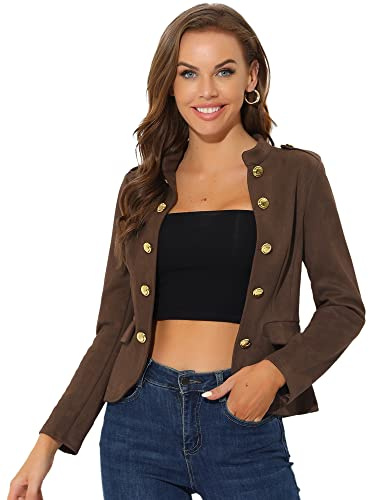 Allegra K Chaqueta informal de ante sintético con botones Steampunk y parte delantera abierta para mujer marrón oscuro M