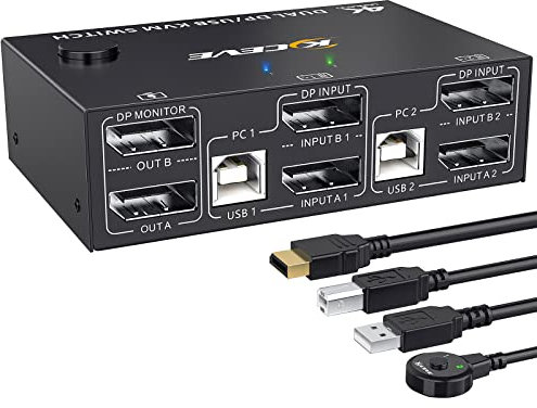 YOUTINGHDAV KVM Switch 2 PC 2 Monitore Displayport 1.4, USB KVM Switch Dual Monitor Displayport 4K@144Hz für 2 PC Teilen 4 USB Geräte Tastatur, Maus, mit Wired Remote und Kabels