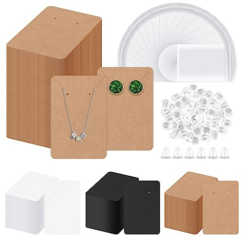 Glarks 300Pcs Earring Cards and Backs Kit, 9 x 6 cm Brown Display Cards, Self-Sealing Bags for Stud & Dangle Jewelry Packaging