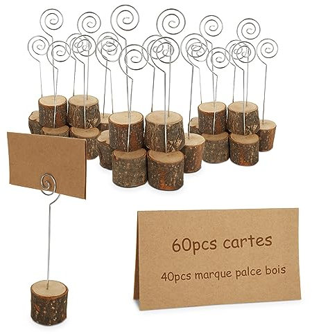 JMIATRY 40 Stück Kartenhalter Holz, Tischkartenhalter mit Klammer, Visitenkartenhalter Holz für Hochzeit, Tischnummern, Namensschild (40 Halter + 60 Kraftpapier)