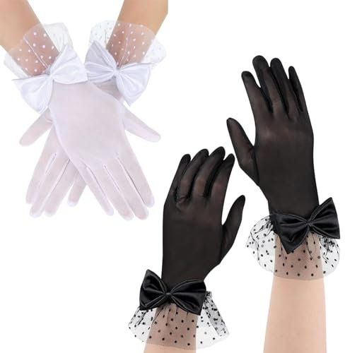 XNIVUIS Damen Spitzen Handschuhe - Elegant Hochzeit Fasching Party Handschuhe mit Schleife (Schwarz, Weiss)