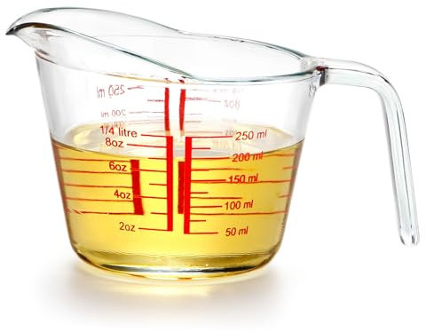 NUTRIUPS 250ml Glass Measuring Cup, Heighten Spout for Easy Pouring Measuring Glass, Clear with Red Measurements